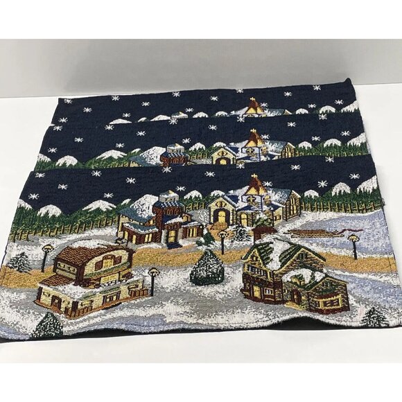 Set of 3 Tapestry Christmas Village Placemats Winter Snow Kitchen Mountains Blue - Picture 8 of 12